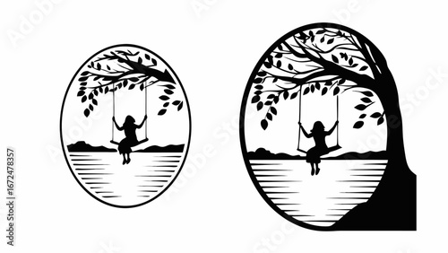 Silhouette of a woman on a swing hanging from a tree branch over water in an oval and partial oval frame | editable eps vectors