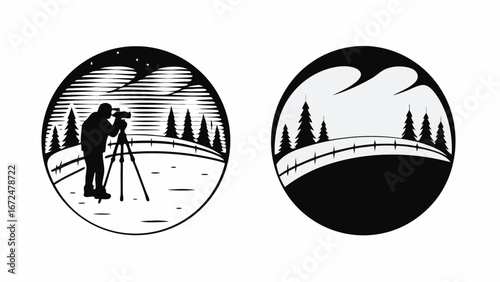 Silhouette of photographer with tripod in nature scene with trees and mountains in circle design element | editable eps vectors