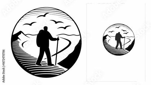 Illustration of a hiker with a backpack and hiking sticks in a mountain landscape with flying birds design | editable eps vectors silhouette