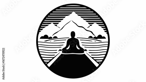Silhouette of person meditating in lotus position with mountains and horizon lines in a circle frame | editable eps vectors