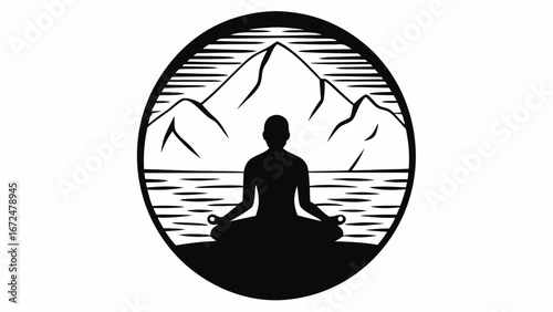 Silhouette of a person meditating in lotus position with mountains and water inside a circle design | editable eps vectors