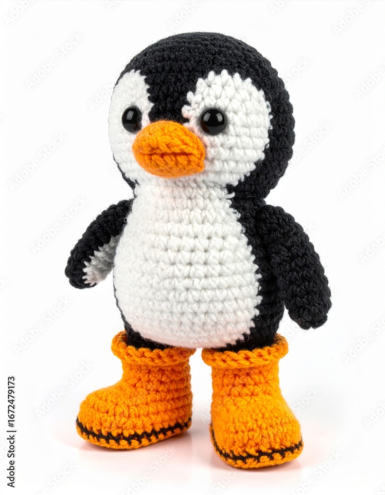 Fototapeta premium Knitted Penguin Toy with Orange Boots Standing Isolated on White Background