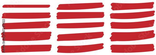 Red marker strokes set. Hand drawn lines for underlining text. Grunge brush paint stripes. Highlight scribble. Set of red marker paint texture. Stroke isolated on white background. eps 10