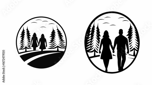 Two couples walking through a forest with pine trees in a circular frame in black and white silhouette | editable eps vectors
