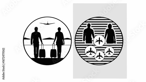 Silhouetted travelers with luggage and airplane in circular frames side by side in black and white style | editable eps vectors