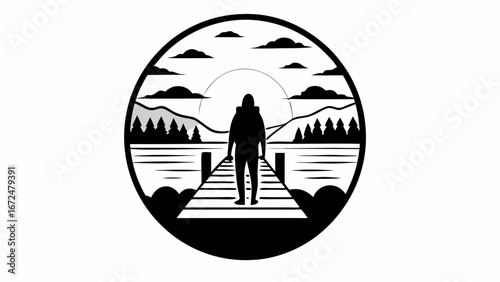 Silhouette of a person walking on a dock with mountains, trees, clouds and sun in a circular frame design | editable eps vectors