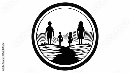 Silhouette of a family with two adults and two children standing on a path within a circular frame design | editable eps vectors