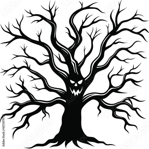 Spooky haunted tree silhouette with creepy branches isolated on white background isolated on transparent background