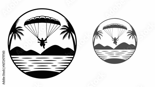 Silhouette of a person parasailing over water with palm trees and mountains in a circular frame design | editable eps vectors