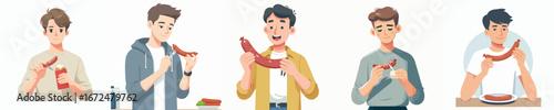 vector of young man eating sausage