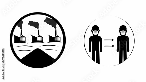 Black and white illustration showing pollution from factories and social distancing with face masks depicted | editable eps vectors silhouette