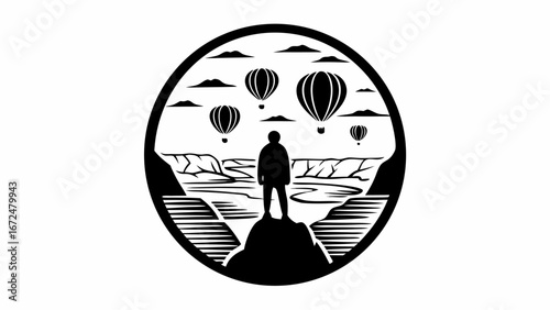 Silhouette of a person standing on a peak overlooking a landscape with hot air balloons in the sky view | editable eps vectors