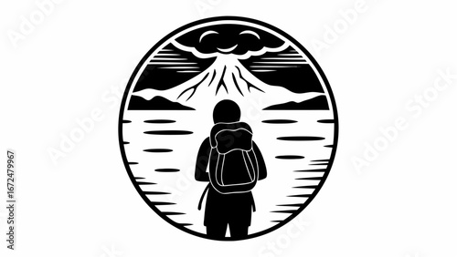 Silhouette of a hiker with a backpack facing a mountain range and water within a circular emblem design | editable eps vectors