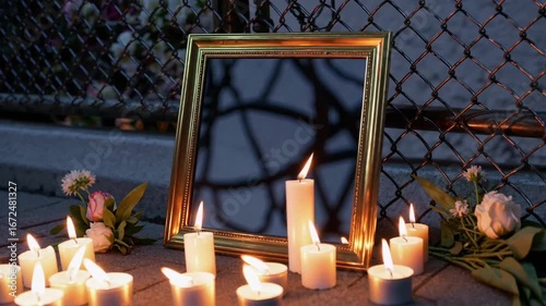 Nighttime Tribute Display Featuring graph, Assorted Candles and Floral Arrangements
