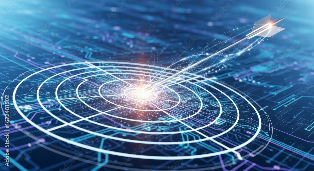 Fototapeta premium A targeting graphic shows a digitally designed arrow striking the bullseye of a circular target, set against a backdrop of complex circuitry.