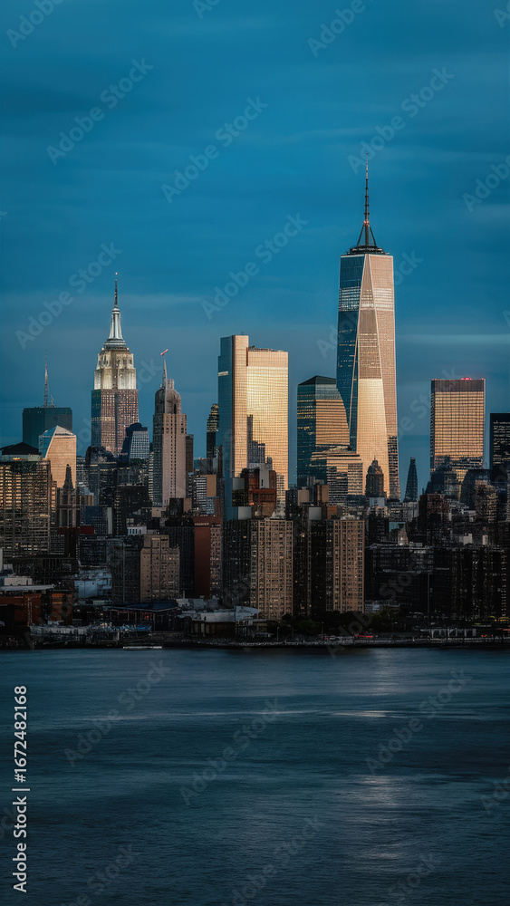 Obraz premium Stunning skyline of New York City at dusk showcasing iconic skyscrapers against a vibrant blue sky
