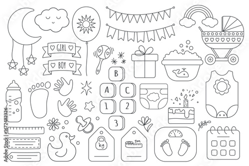 Hand drawn baby metric doodle icons including footprints, bottle, scale, calendar, ruler, and baby items, ideal for newborn milestones, isolated on white background vector illustration