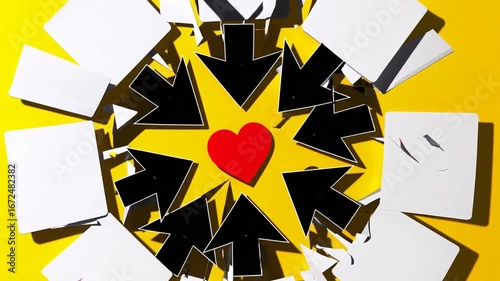 Projectile symbols directed towards crimson cardiac organ on pale cards superimposed on golden yellow backdrop. The quest for romantic affection. Courtship and interpersonal connections. Experiencing