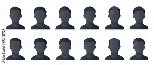 Collection of twelve different male hair styles in silhouette, showcasing various modern and classic cuts for men, isolated on white background vector illustration