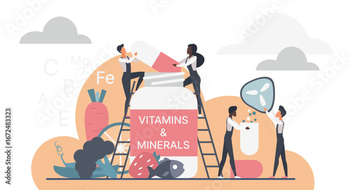 Healthy lifestyle concept with diverse people adding vitamins and minerals to a large supplement jar surrounded by fruits, vegetables for nutrition and wellness vector illustration