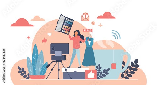 Young woman creating vlogging content with camera, makeup palette, dress, and social media icons online audience engagement and influencer marketing isolated on white background vector illustration