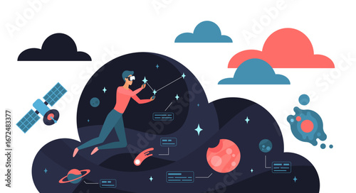 Person wearing VR headset interacts with digital space environment featuring planets, satellite, and data elements for technology, innovation, and education concepts vector illustration