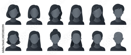 Collection of twelve diverse woman hair styles, including short, long, wavy, straight, and updo looks, shown as grayscale avatars isolated on white background vector illustration
