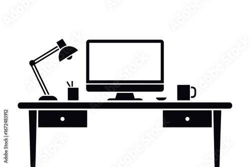 Silhouette vector illustration of a work-from-home desk featuring a coffee mug, computer monitor, and desk lamp. Perfect for remote work, home office, productivity, and workspace design projects.