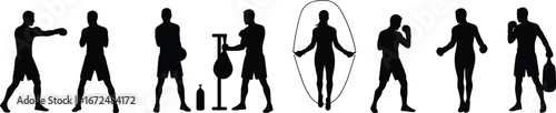Boxing silhouettes and fitness training, shadow figures punching, skipping rope, punching bag workout, athletic exercise, boxing training session