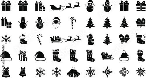 Christmas icons set, holiday gifts, Santa Claus, snowman, reindeer sleigh, Christmas tree, stockings, mittens, bells, snowflakes