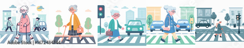 vector of a grandmother crossing the road