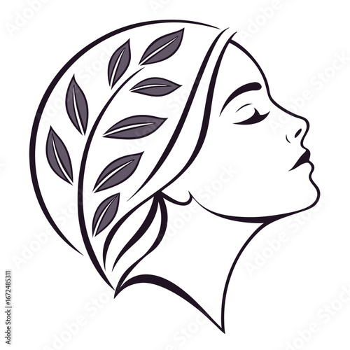 Elegant woman profile with leaves vector illustration for beauty or wellness concept