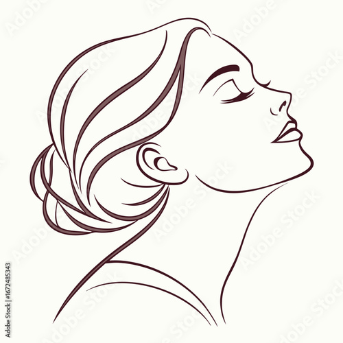 Elegant Woman Profile with Updo Hairstyle Line Art Illustration on White Background