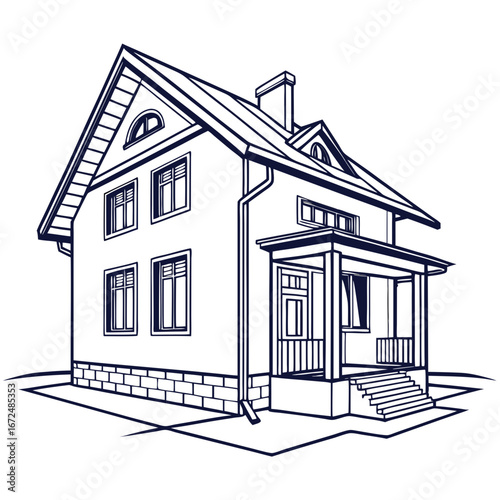 Detailed Line Art Illustration of a Two Story House with Porch