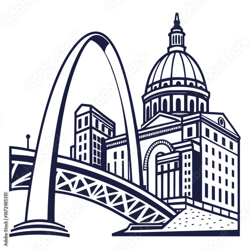 Architectural Illustration of St Louis Missouri Landmarks and Skyline