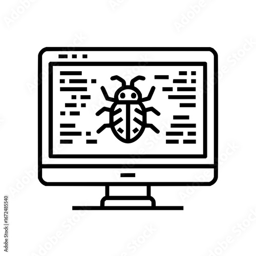 A computer screen displaying code with a bug icon overlayed on the screen in a line art style image