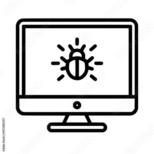 Computer screen displaying a bug or virus icon in black outline on a white background illustration