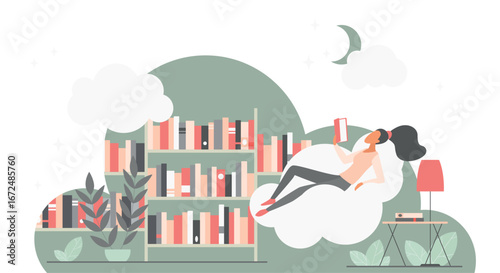 Relaxing woman reading book on fluffy cloud above bookshelf, surrounded by plants and night sky, perfect for education, imagination, and dream concepts isolated on white background vector illustration