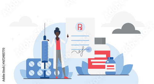 Healthcare professional presenting prescription document with syringe, pills, medicine bottle, and medical files for pharmacy, clinic, or hospital use isolated on white background vector illustration