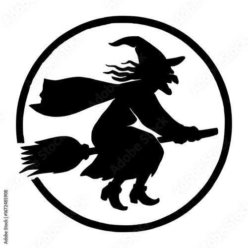 Spooky witch silhouette flying on broomstick within a circle