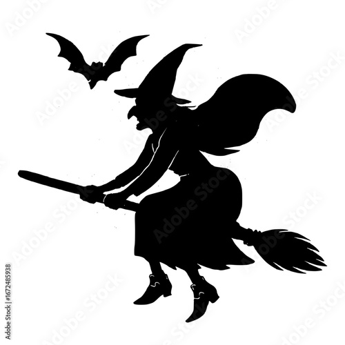 Spooky witch silhouette flies on broomstick with bats, perfect for Halloween