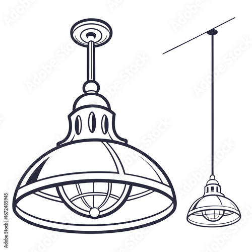 Line art illustration of two pendant lights with industrial design elements