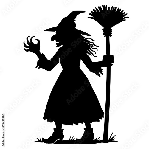 Spooky witch with broomstick casting spell on Halloween night silhouette
