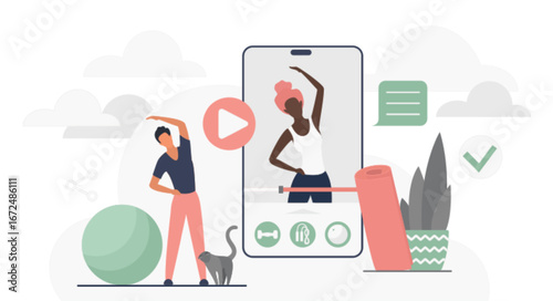 People practicing yoga at home with virtual instructor on smartphone, fitness mat, exercise ball, chat bubbles, and cloud icons for digital wellness vector illustration