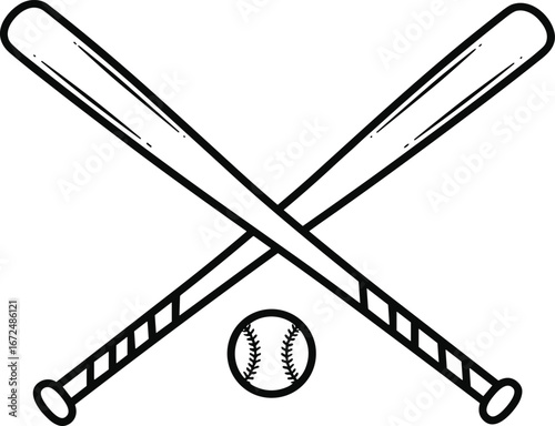 Crossed baseball bats with baseball ball, black and white line art, sports equipment, baseball gear, vintage style, game symbol