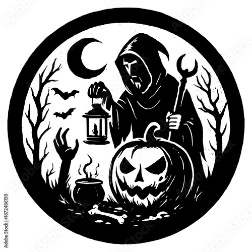 Spooky grim reaper with lantern, pumpkin, and haunted scene