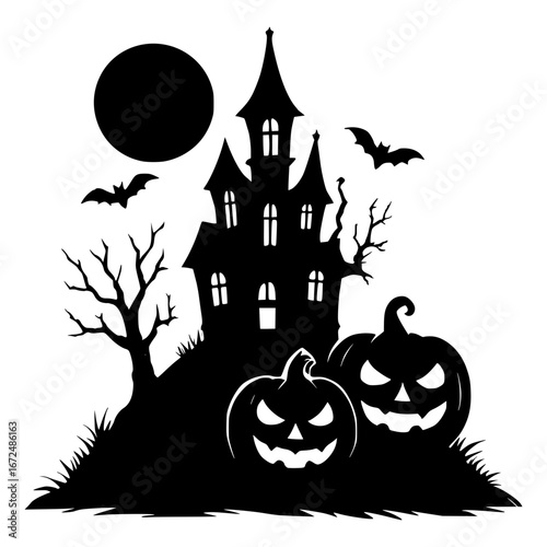 Spooky Halloween haunted house scene with pumpkins, bats, and full moon