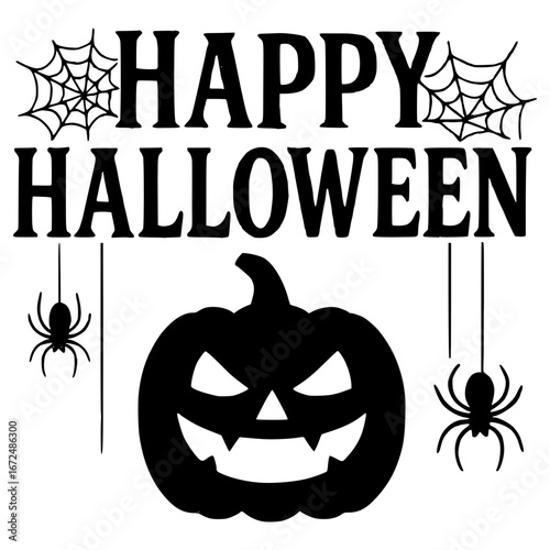 Spooky Happy Halloween text with pumpkin and spiders for festive celebrations