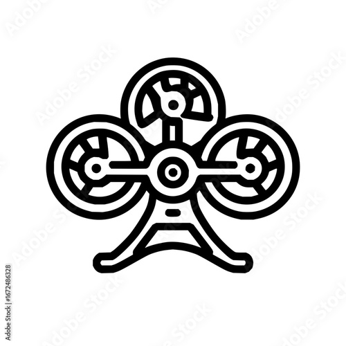 Illustration of a three wheeled device with a stand in black and white line art style on a white background