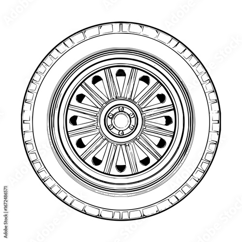 Illustration of a car wheel with detailed tire tread and intricate spoke design on a white background